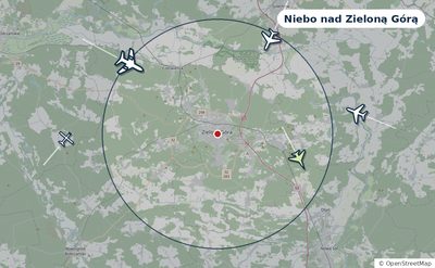 Mapa okolic miasta z sylwetkami samolotów — Niebo nad Zieloną Górą